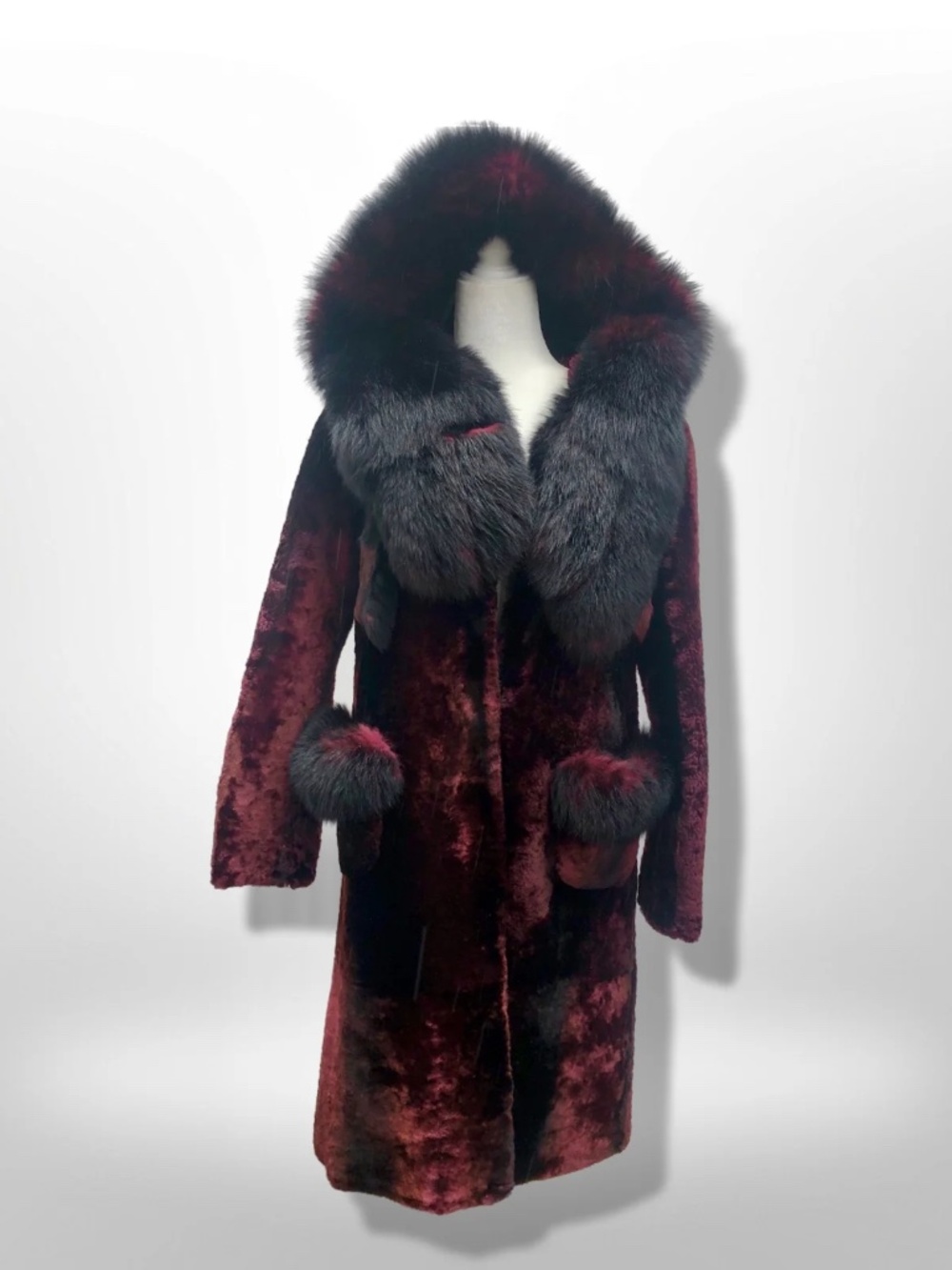 Genuine Fur Hooded Coat Shearling and Fox Fur Bergundy Iridescent and Black Goth